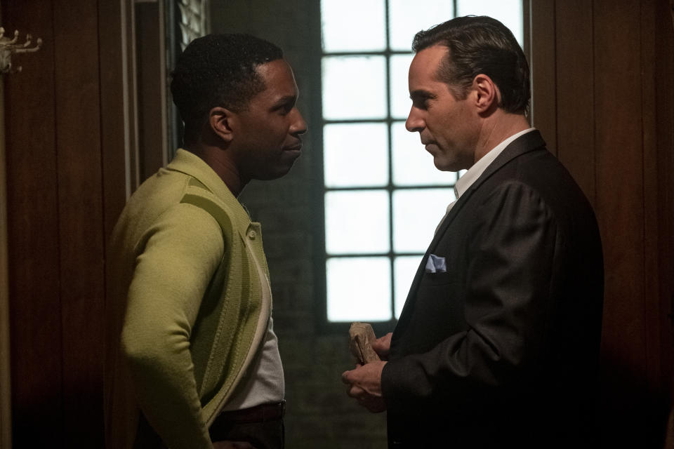 Leslie Odom Jr. as Harold McBrayer and Alessandro Nivola as Dickie Moltisanti in New Line Cinema and Home Box Office’s mob drama “The Many Saints of Newark,” a Warner Bros. Pictures release. (Barry Wetcher/Warner Bros. Entertainment Inc.)