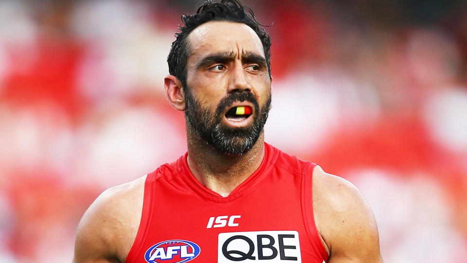 Adam Goodes is pictured playing for the Sydney Swans in 2015.