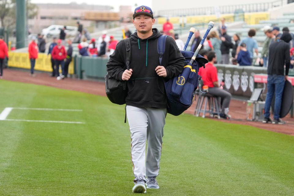Keston Hiura has hit .156 with 15 strikeouts in 32 plate appearances in 12 games this spring but has "tremendous upside," Brewers general manager Matt Arnold said.