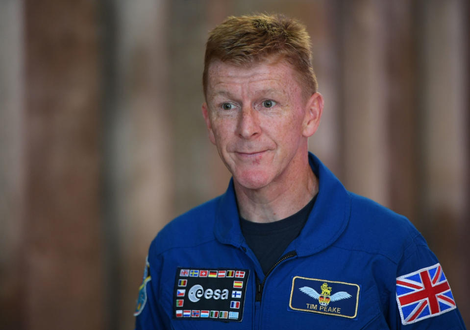 Major Tim Peake at Peterborough Cathedral as the Soyuz descent module, the spacecraft which brought him back to Earth after his mission to the International Space Station, goes on display. (Photo by Joe Giddens/PA Images via Getty Images)