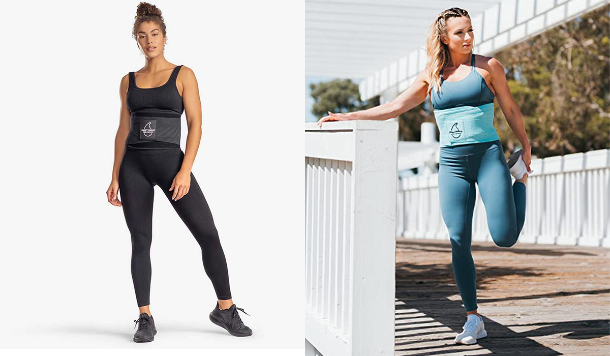 People wearing black and blue waist trainers. (Photos: Sports Research; Amazon)