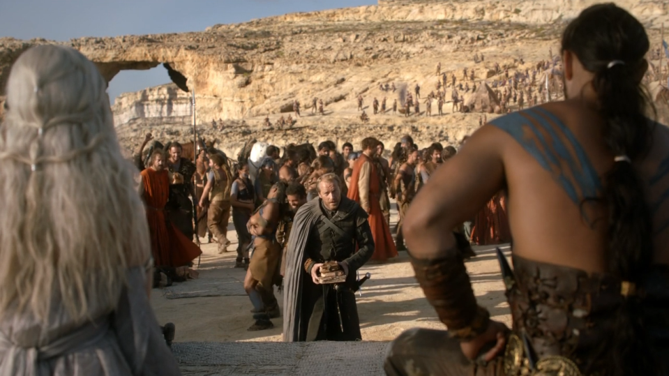 Emilia Clarke as Daenerys, Iain Glen as Jorah Mormont, and Jason Momoa as Khal Drogo in ‘Game of Thrones’ (Photo Credit: HBO)