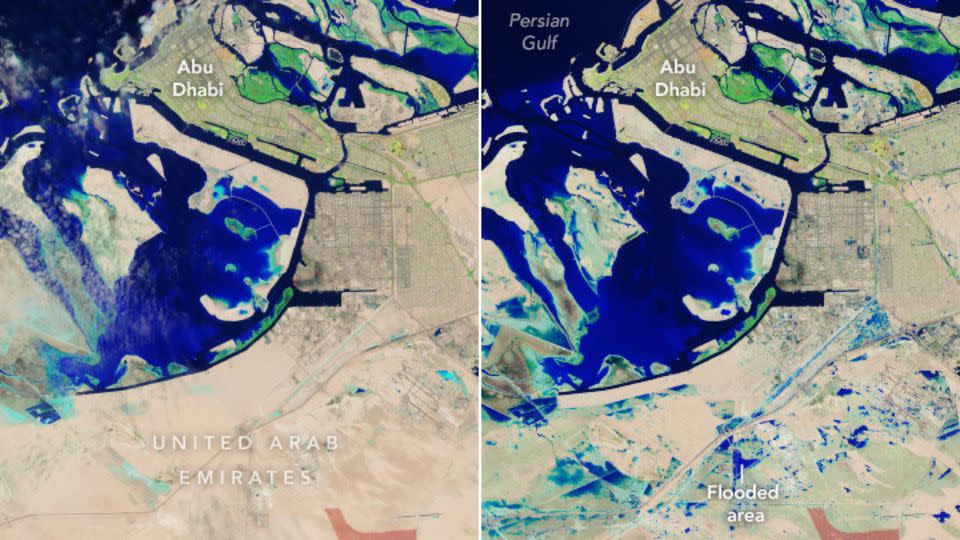 Satellite imagery captures Abu Dhabi before (left) and after (right) historic flooding. - NASA