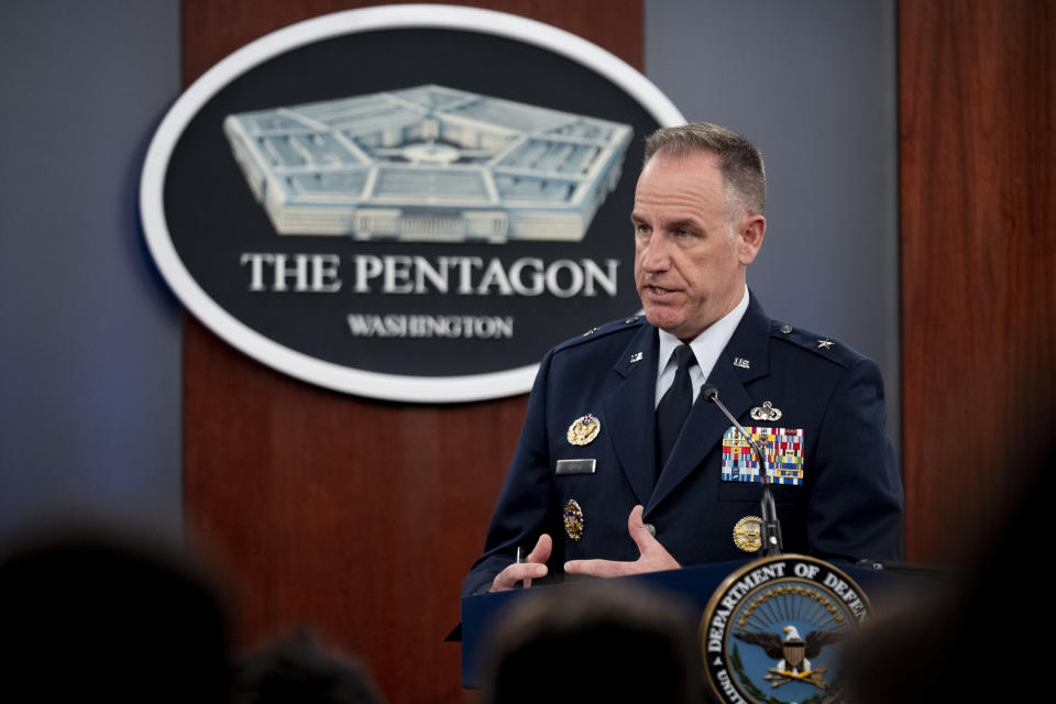 Pentagon spokesman Air Force Brig. Gen. Patrick Ryder speaks during a briefing at the Pentagon in Washington, Thursday, Oct. 19, 2023. (AP Photo/Andrew Harnik)