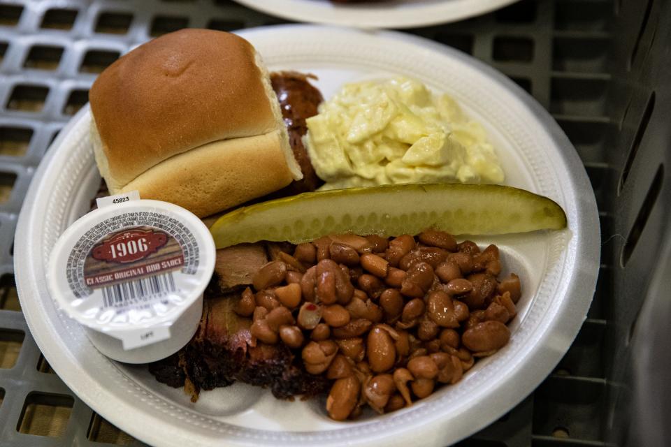 A plate of food is ready to be served at the American Bank Center for the H-E-B Feast of Sharing event on Dec. 23, 2022, in Corpus Christi, Texas. 