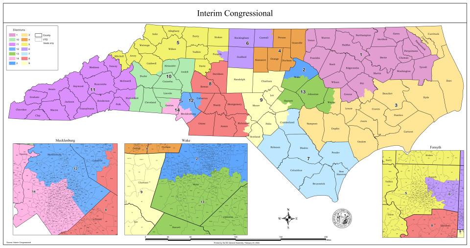 North Carolina's current map for U.S. Congress. Republicans in the N.C. General Assembly are widely expected to redraw the maps this year. The state is currently represented in U.S. Congress by seven Republicans and seven Democrats.