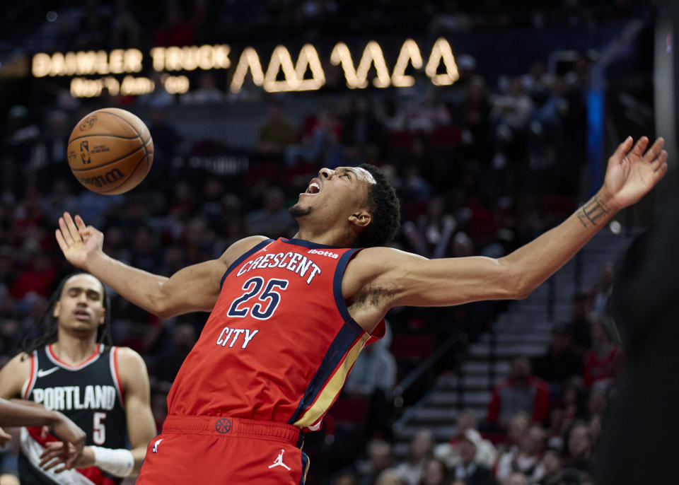 New Orleans Pelicans guard Trey Murphy III (25) reacts after scoring against the Portland Trail Blazers during the second half of an NBA basketball game in Portland, Ore., Tuesday, April 9, 2024. (AP Photo/Craig Mitchelldyer)