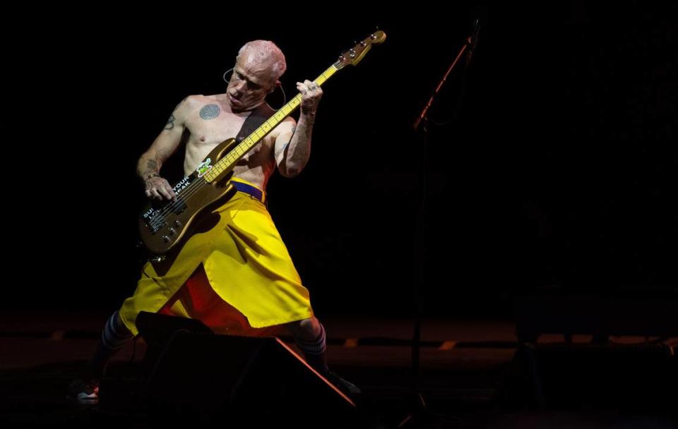 Red Hot Chili Peppers bassist Flea strums at the Toyota Amphitheatre near Wheatland on Sunday, June 2, 2024.