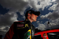 DAYTONA BEACH, FL - FEBRUARY 19: Jamie McMurray, driver of the #1 Bass Pro Shops/Tracker Boats Chevrolet, looks on after qualifying for the NASCAR Sprint Cup Series Daytona 500 at Daytona International Speedway on February 19, 2012 in Daytona Beach, Florida. (Photo by Tom Pennington/Getty Images for NASCAR)