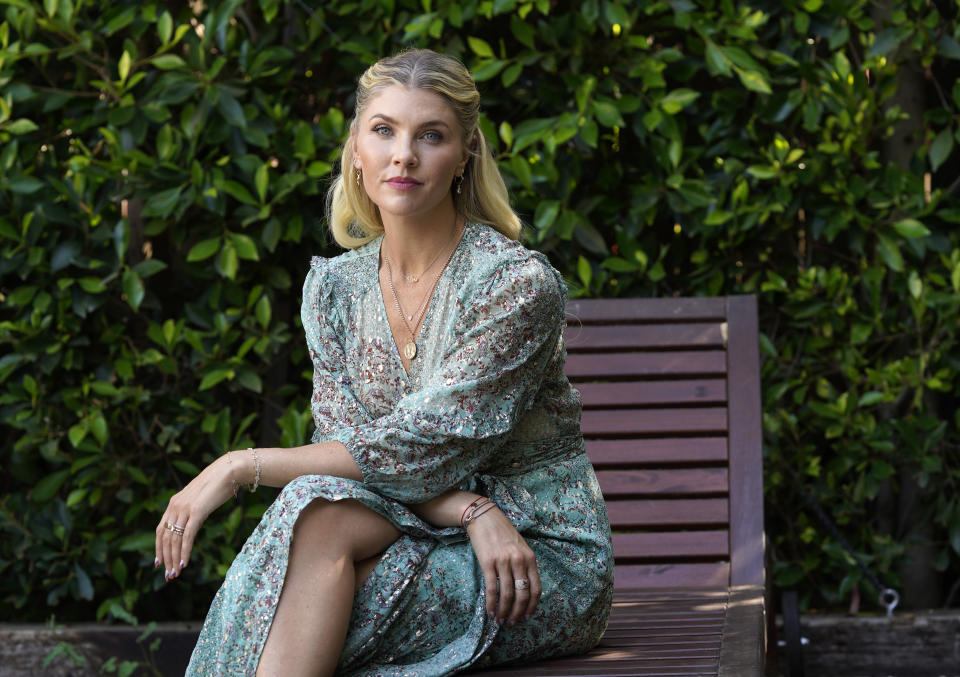 Amanda Kloots, co-host of the daytime talk show "The Talk" and co-author of the new memoir "Live Your Life: My Story of Loving and Losing Nick Cordero," poses for a portrait at home in Los Angeles on June 8, 2021. (AP Photo/Chris Pizzello)