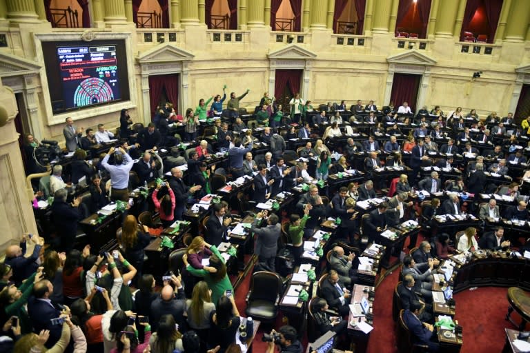 Argentine lawmakers react after approving a bill to legalize abortion in this picture released by the national news agency Telam