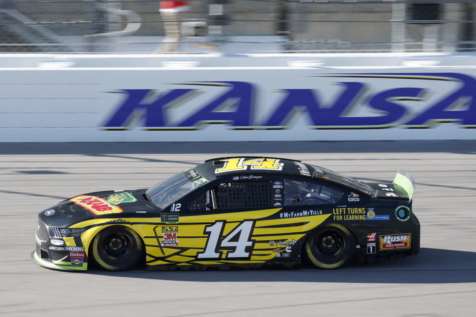 Clint Bowyer (14) takes a lap during practice for a NASCAR Cup Series auto race at Kansas Speedway in Kansas City, Kan., Friday, Oct. 18, 2019. (AP Photo/Colin E. Braley)