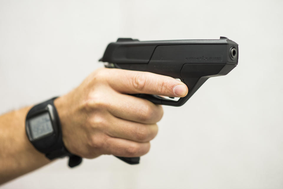An Armatix iP1, which requires an accompanying watch with RFID technology to unlock the gun. (Photo: The Washington Post / Getty Images)