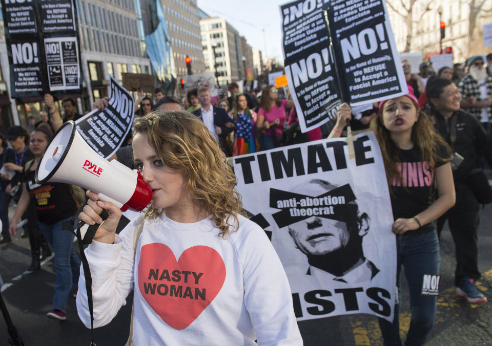 <p>Demonstrators march from Dupont Circle to the White House during a “Not My President’s Day” protest against President Trump on Presidents’ Day in Washington, D.C., Feb. 20, 2017. (Saul Loeb/AFP/Getty Images) </p>