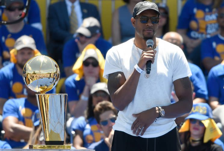 Andre Iguodala interrupts this broadcast with a breaking news bulletin. (Getty)