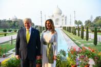 US President Donald Trump and First Lady Melania Trump pose as they visit the Taj Mahal in Agra on February 24, 2020. (Photo by Mandel NGAN / AFP) (Photo by MANDEL NGAN/AFP via Getty Images)