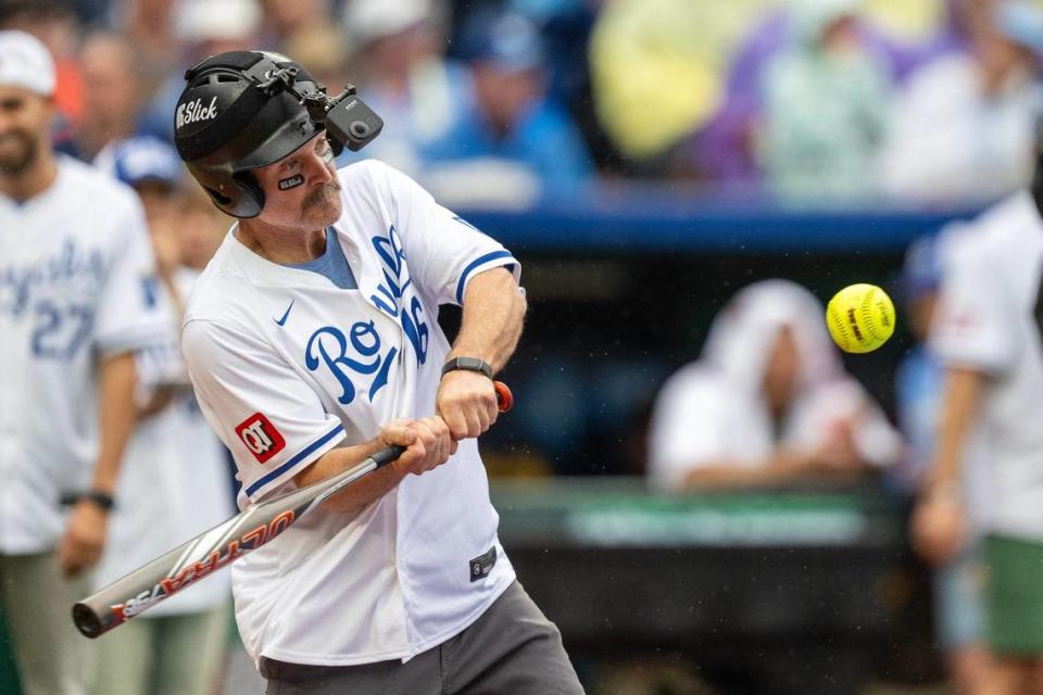 Actor Will Forte takes a swing during the Big Slick celebrity softball game at Kauffman Stadium on Friday, May 31, 2024, in Kansas City.