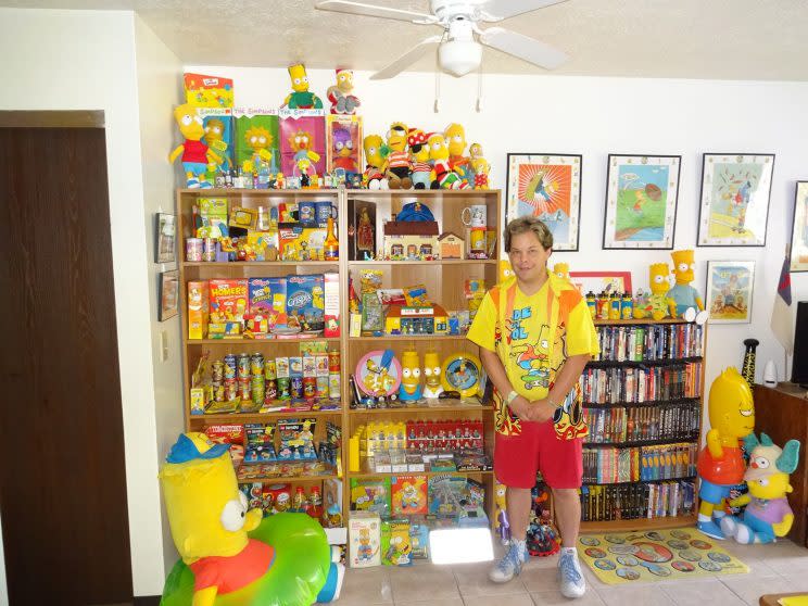 Travis “Bart” McNall of Indiana with just one part of his 3,900-item-plus <em>Simpsons</em> collection.