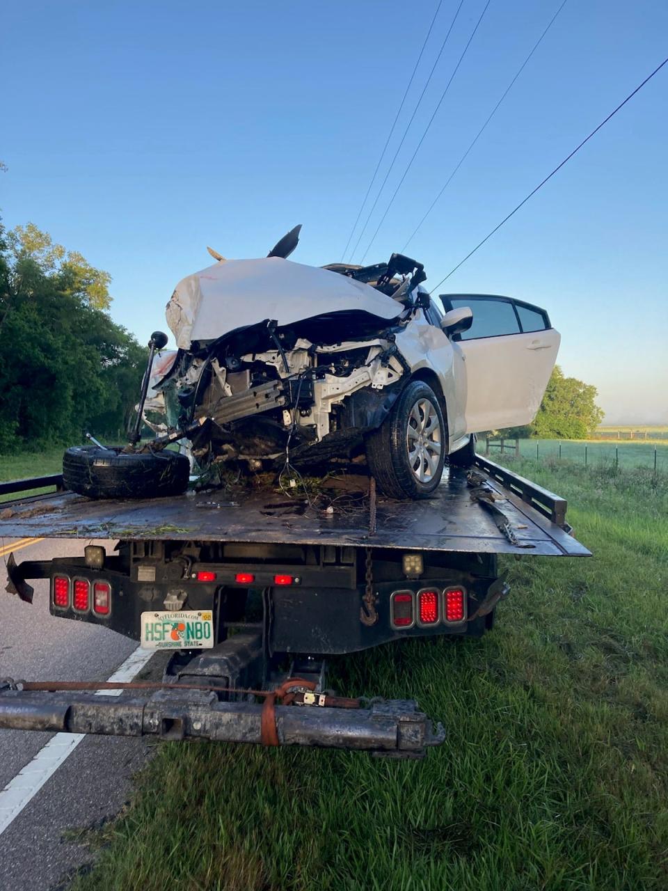 This severely damaged Toyota Corolla was involved in a single-vehicle crash in Dunnellon early Saturday. One occupant was killed and another injured.
