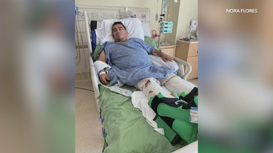 Luis Hernandez is recovering from injuries he sustained after being shot in front of his family on April 6 outside of their business in the Westlake area. His cousin spoke with KTLA on April 13, 2024. (Nora Flores)