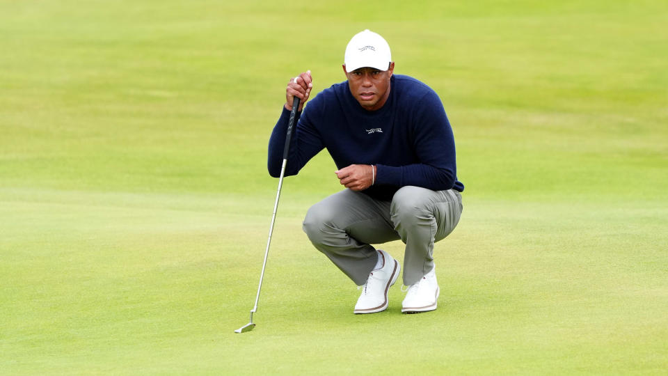 USA's Tiger Woods lines up a putt on the 6th during day two of The Open at Royal Troon, South Ayrshire, Scotland. Picture date: Friday July 19, 2024. (Photo by Jane Barlow/PA Images via Getty Images)