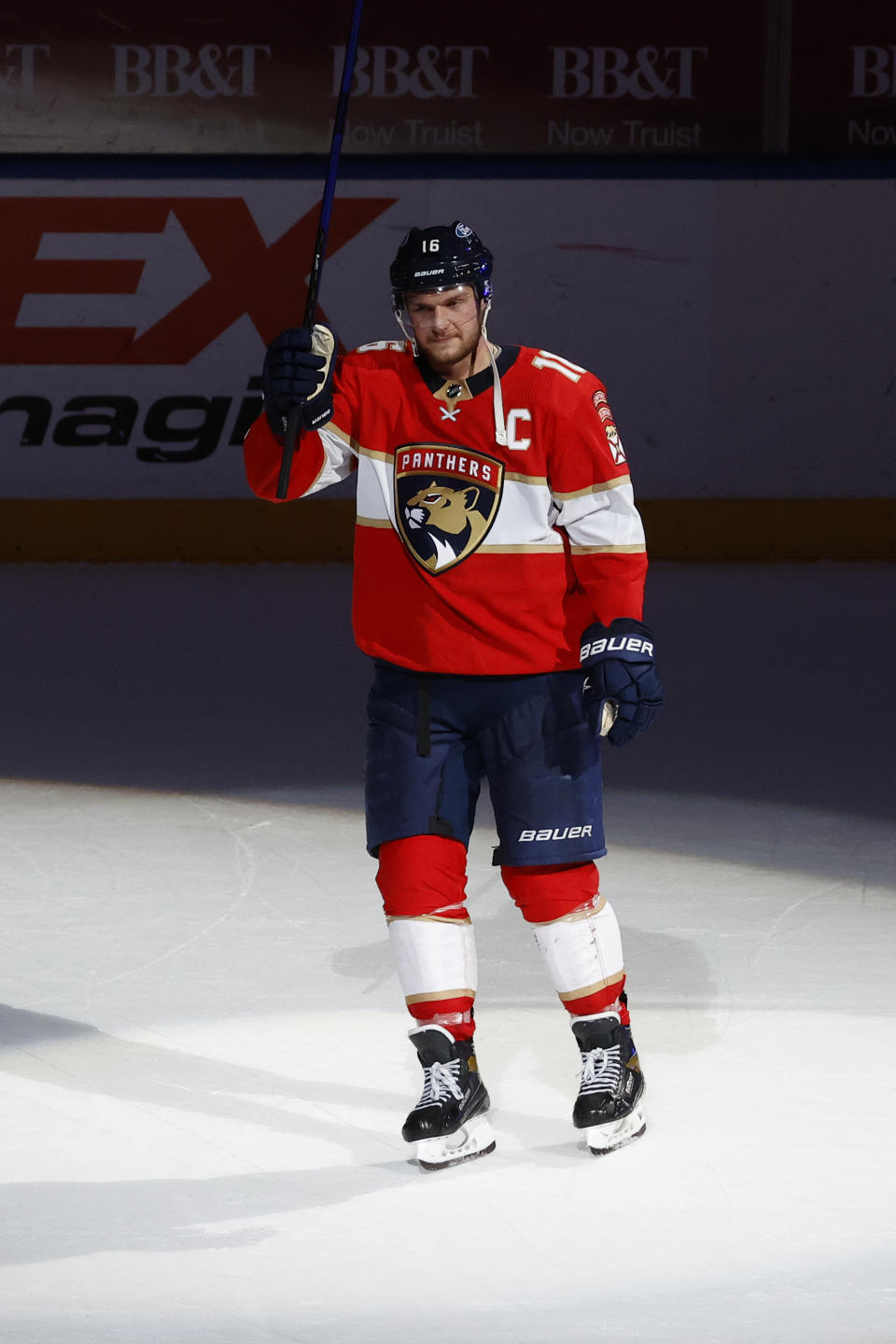 Florida Panthers center Aleksander Barkov (16) is awarded the first star of the game after scoring the winning goal during the overtime period of an NHL hockey game against the Dallas Stars, Monday, May 3, 2021, in Sunrise, Fla. (AP Photo/Joel Auerbach)