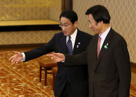South Korea's Foreign Minister Yun Byung-se (R) is escorted by Japan's Foreign Minister Fumio Kishida before their meeting at the foreign ministry's Iikura guest house in Tokyo June 21, 2015. REUTERS/Issei Kato