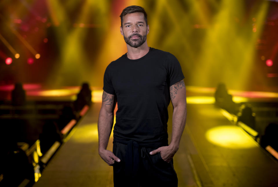 Puerto Rican singer Ricky Martin, who will perform in concert starting next Feb. 7 at the Puerto Rico Coliseum Jose Miguel Agrelot, poses for a portrait in San Juan, Puerto Rico, Monday, Jan. 27, 2020. “I’m going to use my music to carry the message of all those who aren’t being heard,” Martin told The Associated Press on Monday while preparing for a concert on his native island. (AP Photo/Carlos Giusti)