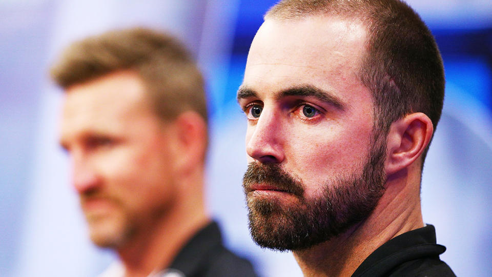 Collingwood's Steele Sidebottom is pictured during a press conference.