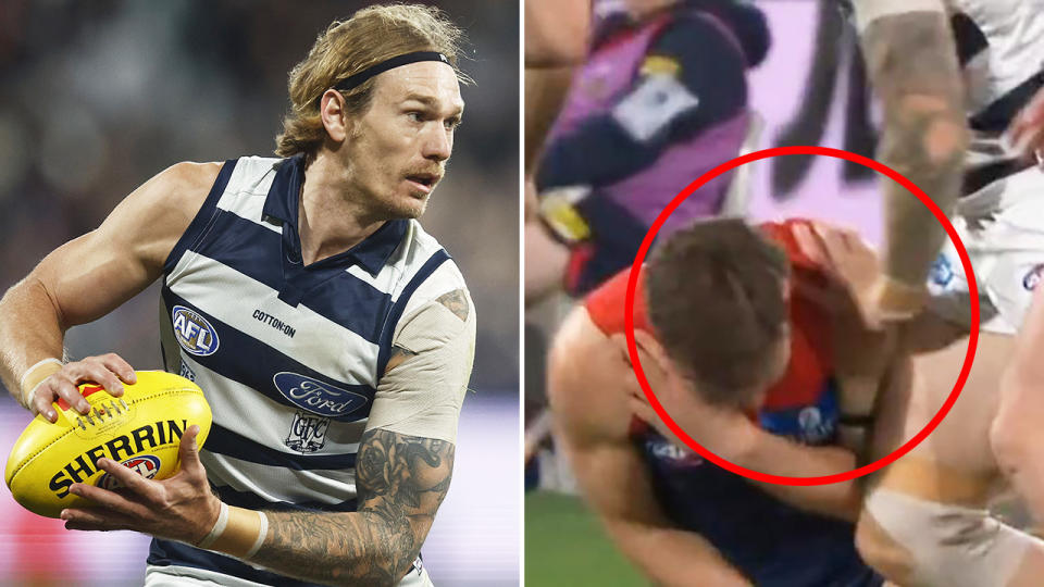 Tom Stewart is pictured left, with the moment he shoves Jack Viney highlighted on the right.