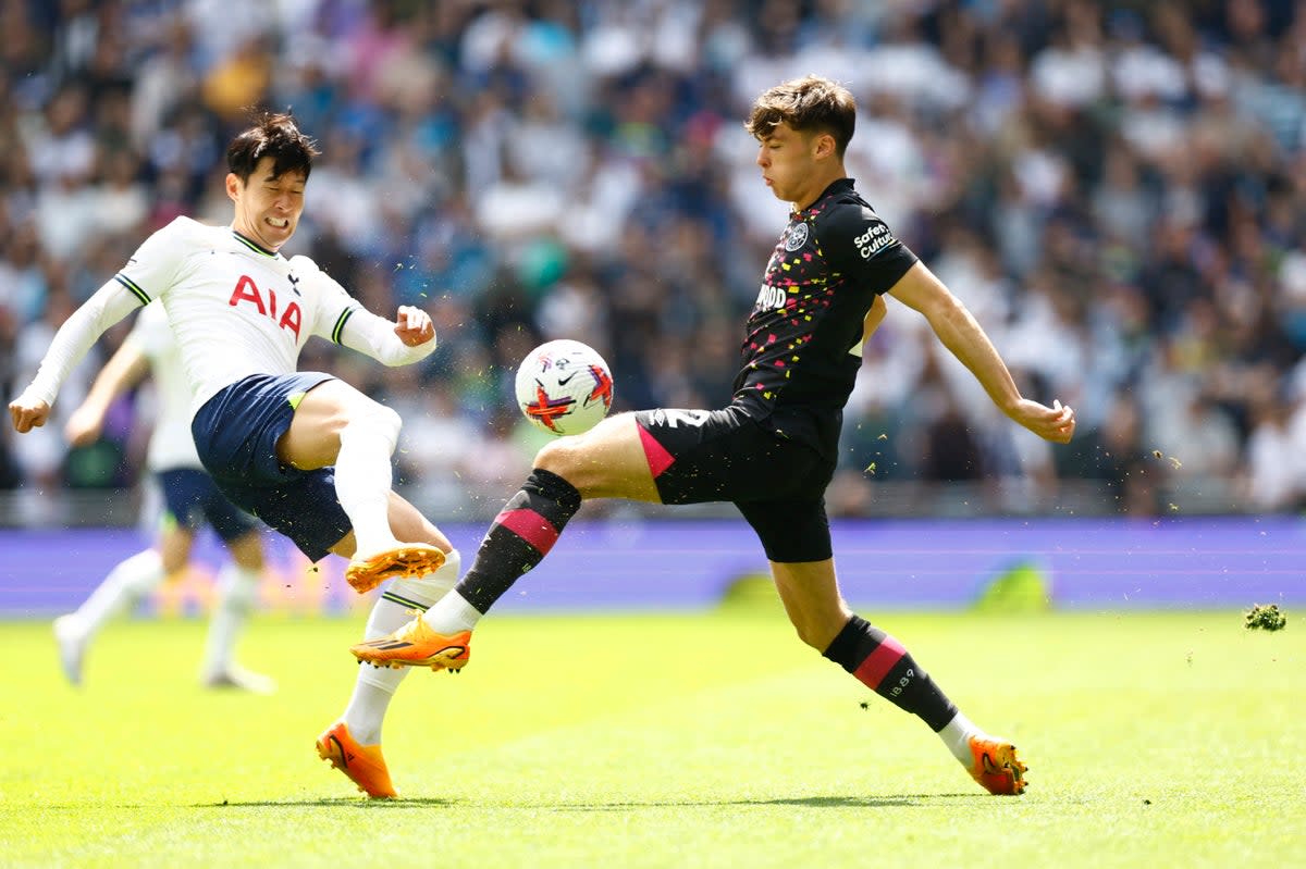 Son Heung-min challenges Aaron Hickey in midfield (Action Images via Reuters)