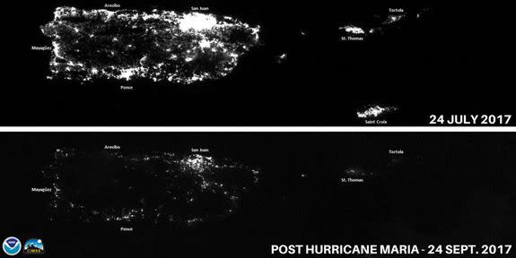 Lights at night on Puerto Rico from before Hurricane Maria (top) compared to afterward.