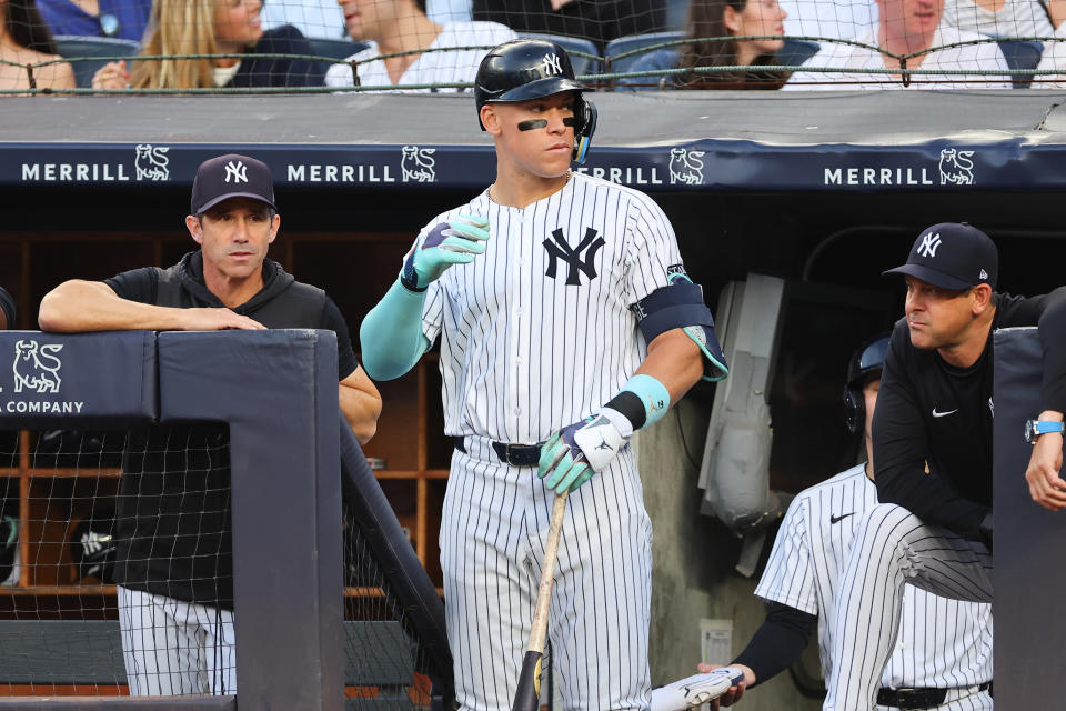 BRONX, NY - JULY 02: Aaron Judge #99 of the New York Yankees stands in the dugout during the game against the Cincinnati Reds on July 2, 2024 at Yankee Stadium in Bronx, New York.  (Photo by Rich Graessle/Icon Sportswire via Getty Images)