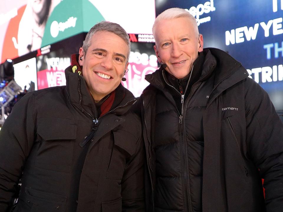 Andy Cohen and Anderson Cooper host CNN's New Year's Eve coverage at Times Square in New York City on December 31, 2017.