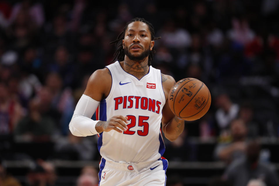 Detroit Pistons guard Derrick Rose plays against the Washington Wizards in the first half of an NBA basketball game in Detroit, Monday, Dec. 16, 2019. (AP Photo/Paul Sancya)