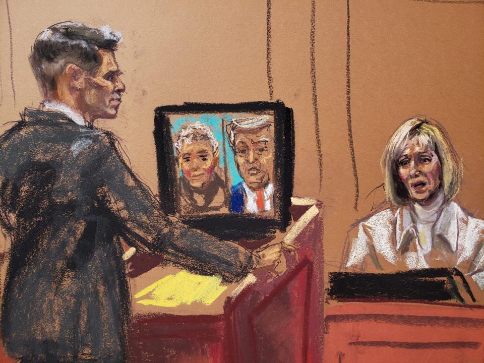E. Jean Carroll answers questions from her lawyer, Michael Ferrara, during a civil trial, in federal court in Manhattan, to decide whether former US President Donald Trump raped Carroll in a Bergdorf Goodman department store dressing room in the mid-1990s, and defamed her by denying it happened.