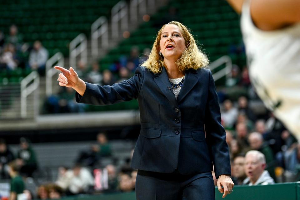 Maryland's head coach Brenda Frese calls out to players during the first quarter in the game against Michigan State on Tuesday, Jan. 9, 2024, at the Breslin Center in East Lansing.