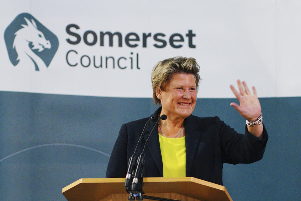 Sarah Dyke, Liberal Democrat Party candidate, speaks at the Bath & West Showground in Shepton Mallet, England, Friday, July 21, 2023. (Ben Birchall/PA via AP)