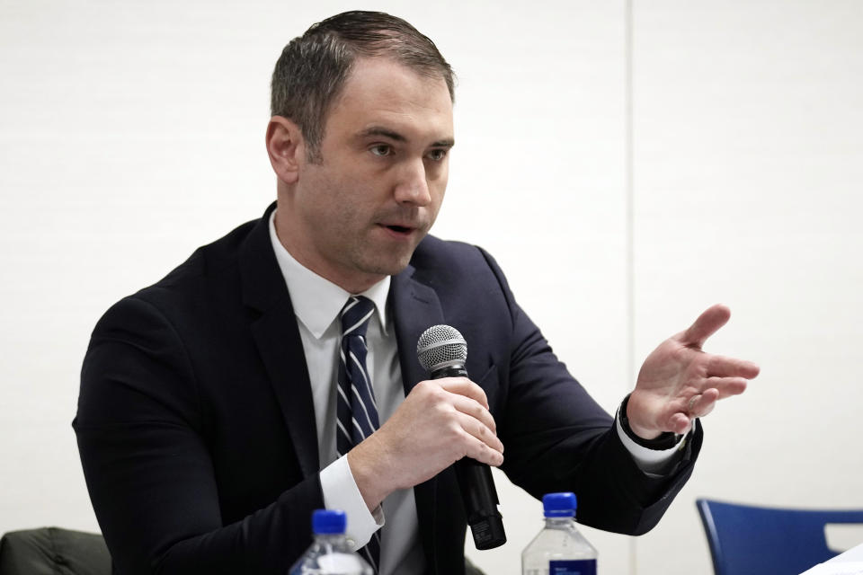 Board member Jack Vrett speaks during the Illinois State Board of Elections meeting in Chicago, Tuesday, Jan. 30, 2024. Illinois’ election board kept former President Donald Trump on the state’s primary ballot, a week before the U.S. Supreme Court hears arguments on whether the Republican’s role in the Jan. 6, 2021, attack on the U.S. Capitol disqualifies him from the presidency. (AP Photo/Nam Y. Huh)