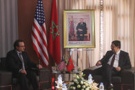 David Schenker, US Assistant Secretary of State for Near Eastern Affairs, left, meets with Nasser Bourita, Moroccan Foreign Minister Nasser Bourita, in Dakhla, Morocco-administered Western Sahara, Jan. 10, 2021. The highest ranking U.S. diplomat for North Africa and the Middle East, as well as the first ever U.S Ambassador, traveled Sunday to the Morocco-administered Western Sahara city of Dakhla, laying the groundwork for the United States to set up a consulate in the disputed territory. (AP Photo/Noureddine Abakchou)