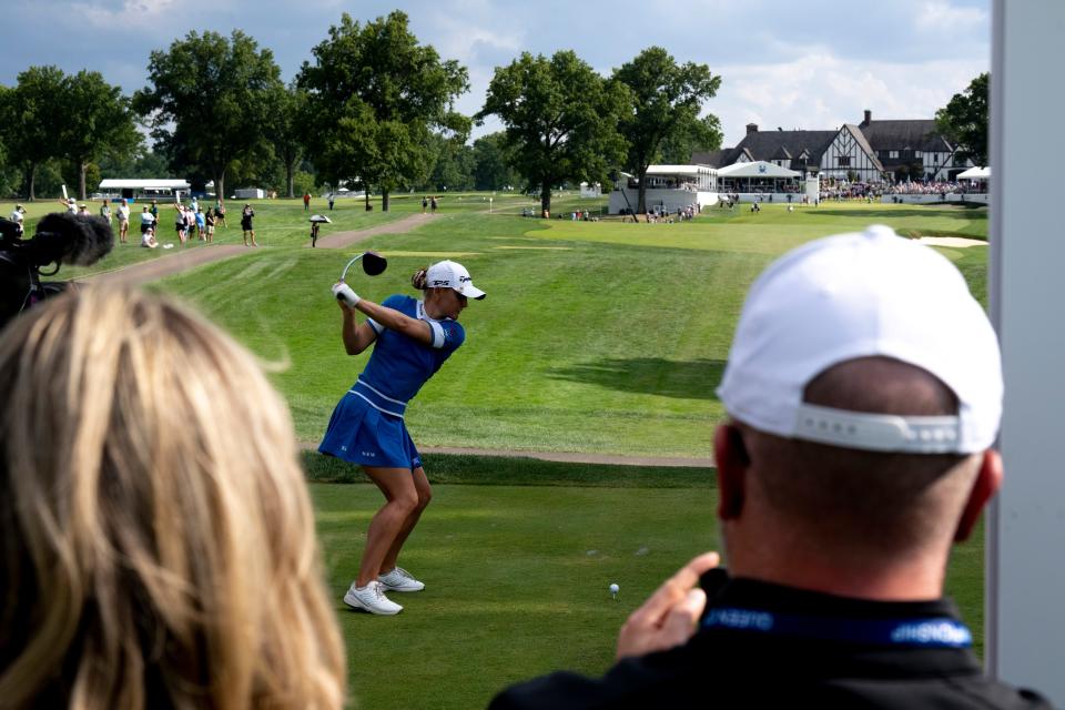 Charley Hull, of England, tees off on the 18th hole during the final round of the 2023 Kroger Queen City Championship in at Kenwood Country Club in Madeira, Ohio, on Sunday, Sept. 10, 2023.