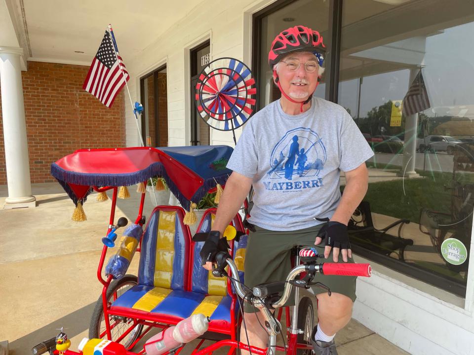 Ray Pais, MD, rode his refurbished Sikod-Sikod (pedicab) from Cedar Bluff to West Bicycles in Farragut on May 25.
