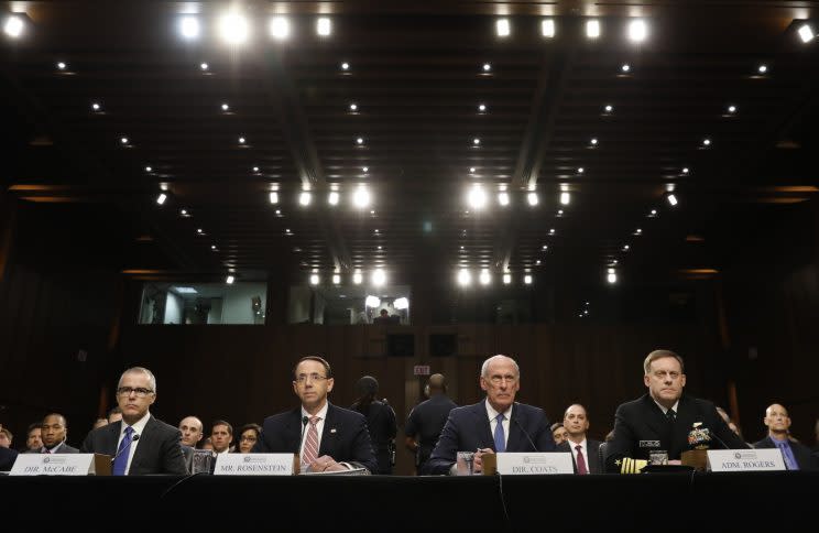 Director of National Intelligence Daniel Coats (2NDR) ; Acting FBI Director Andrew McCabe (L) ; National Security Agency Director Michael Rogers (R); and Deputy Attorney General Rod Rosenstein (2NDL) are seated to testify before a Senate Intelligence Committee hearing on the Foreign Intelligence Surveillance Act (FISA) in Washington, D.C., June 7, 2017. (Photo: Kevin Lamarque/Reuters)