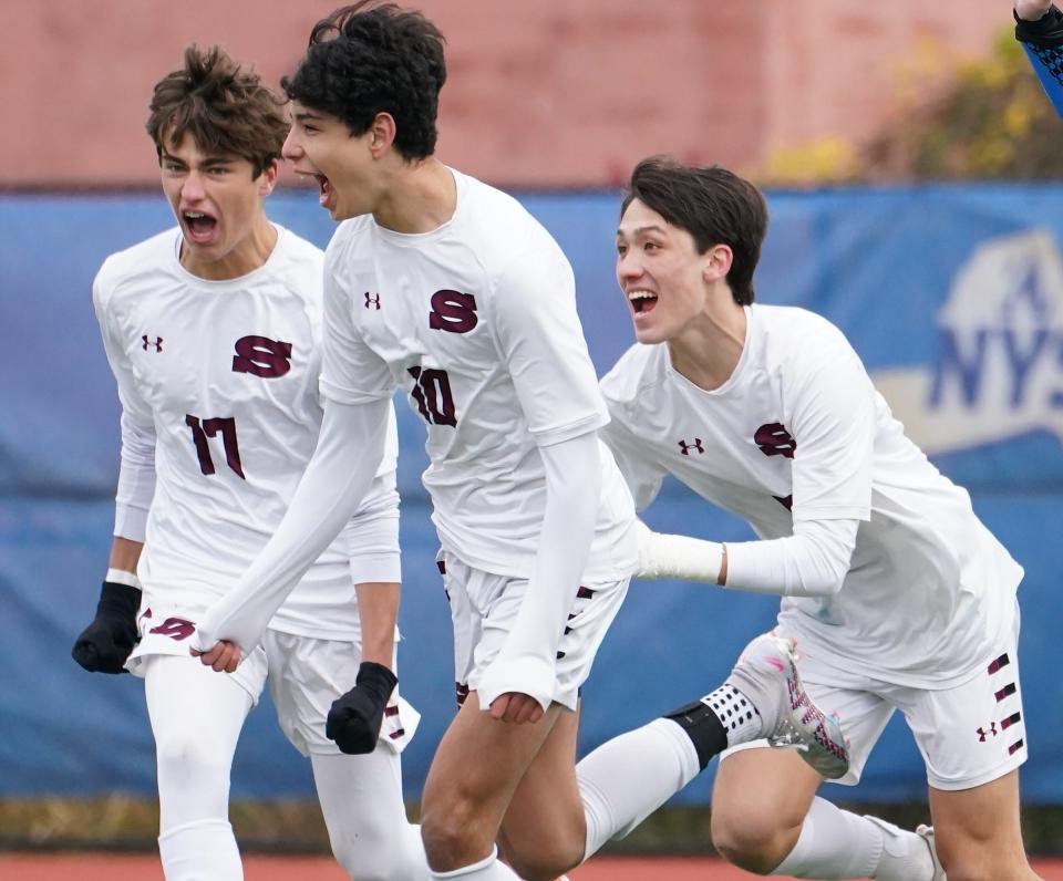 Scarsdale's Lorenzo Galeano (10) reacts after scoring a goal during their 4-2 win over Guilderland in the NYSPHSAA boys soccer Class AA championship game at Middletown High School in Middletown on Sunday, November 2023.