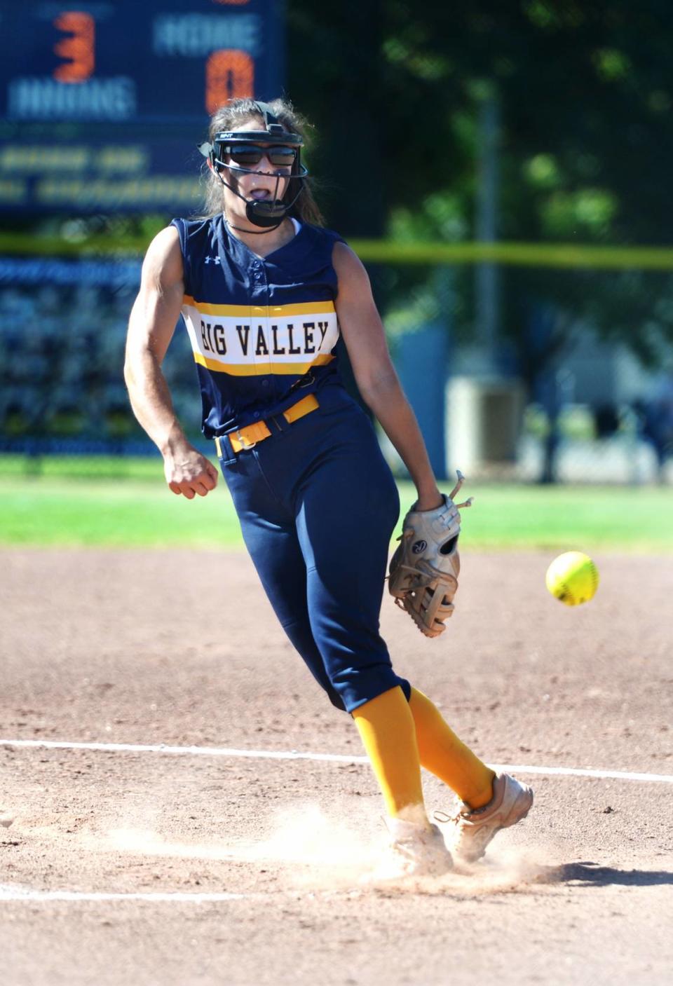 Big Valley Christian pitcher Ava Hernandez delivers a pitch against Leigh High School of San Jose during the CIF Northern California Division V Regional Playoffs at Big Valley Christian High School in Modesto, Calif. on Thursday, May 30, 2024.