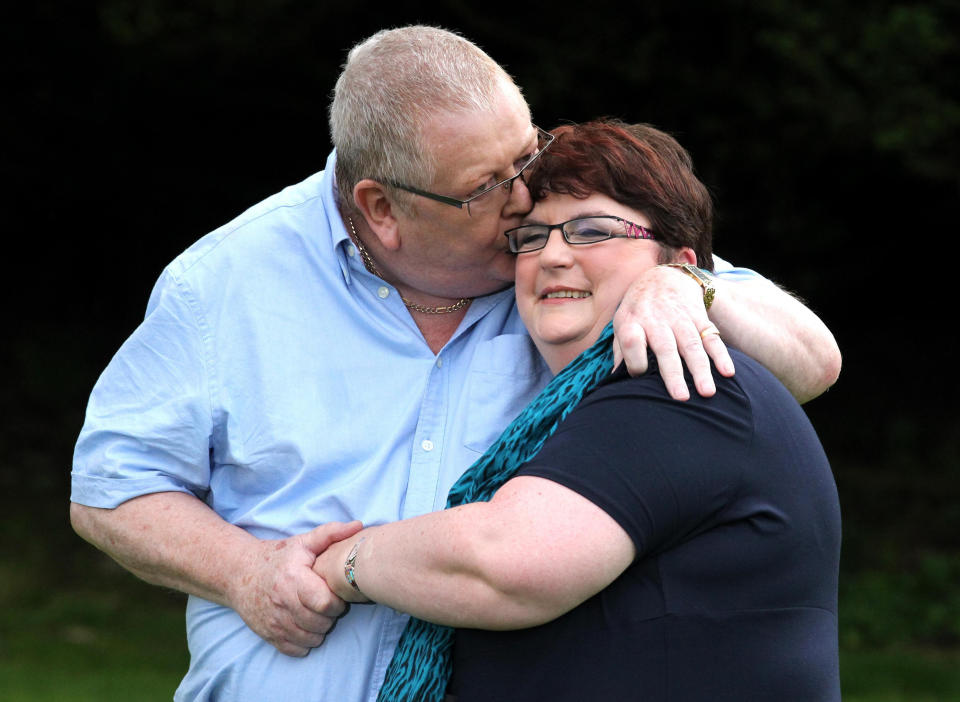 Colin and Chris Weir, from Largs in Ayrshire, kiss during a photocall at the Macdonald Inchyra Hotel & Spa in Falkirk, as Europe's biggest Lottery winners were today continuing the celebrations after their life-changing 161 million prize.   