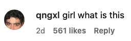 Screenshot of a social media comment questioning, "qnqxl girl what is this" with 561 likes