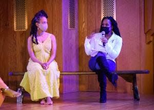 Roots Uprising dancer Toni S. Singleton and Theater For The People Board Member Tanisha Johnson in a post-performance discussion at Green Acre Bahai School in Eliot, Maine.