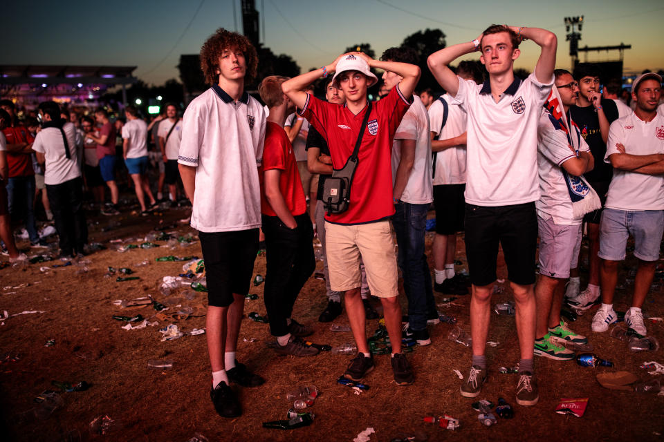 <p>England football fans react after their defeat as they watch the Hyde Park screening of the FIFA 2018 World Cup semi-final match between Croatia and England on July 11, 2018 in London, United Kingdom.The winner of this evening’s match will go on to play France in Sunday’s World Cup final in Moscow. Up to 30,000 free tickets were available by ballot for the biggest London screening of a football match since 1996. (Photo by Jack Taylor/Getty Images) </p>