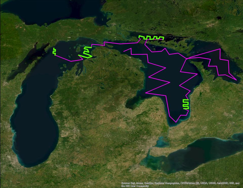 Anticipated route for Saildrone Explorer over 56 days in lakes Michigan and Huron. Green lines represent areas where acoustic data will be collected from both the saildrone and conventional research vessels simultaneously for comparisons. Pink lines represent areas where the saildrone will gather data independently. Final routes will be determined closer to the mission start date.